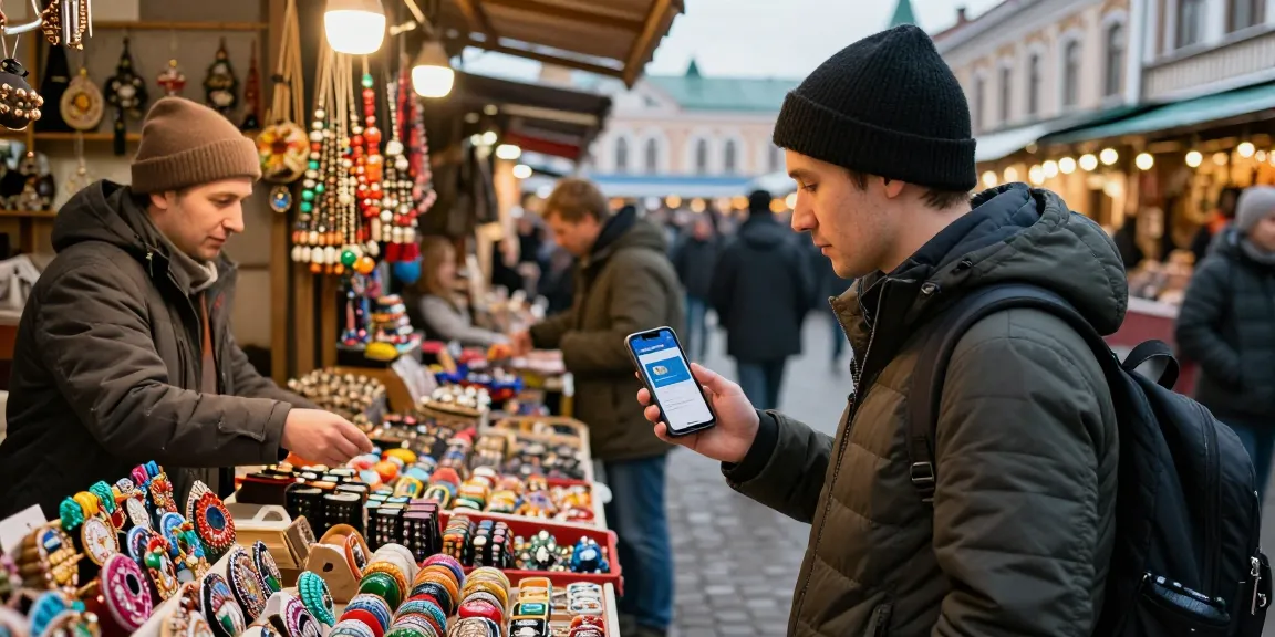 In de levendige markt in Rusland toont de smartphone de Pay in Russia-app, wat de eenvoudige betaling in Rusland benadrukt.