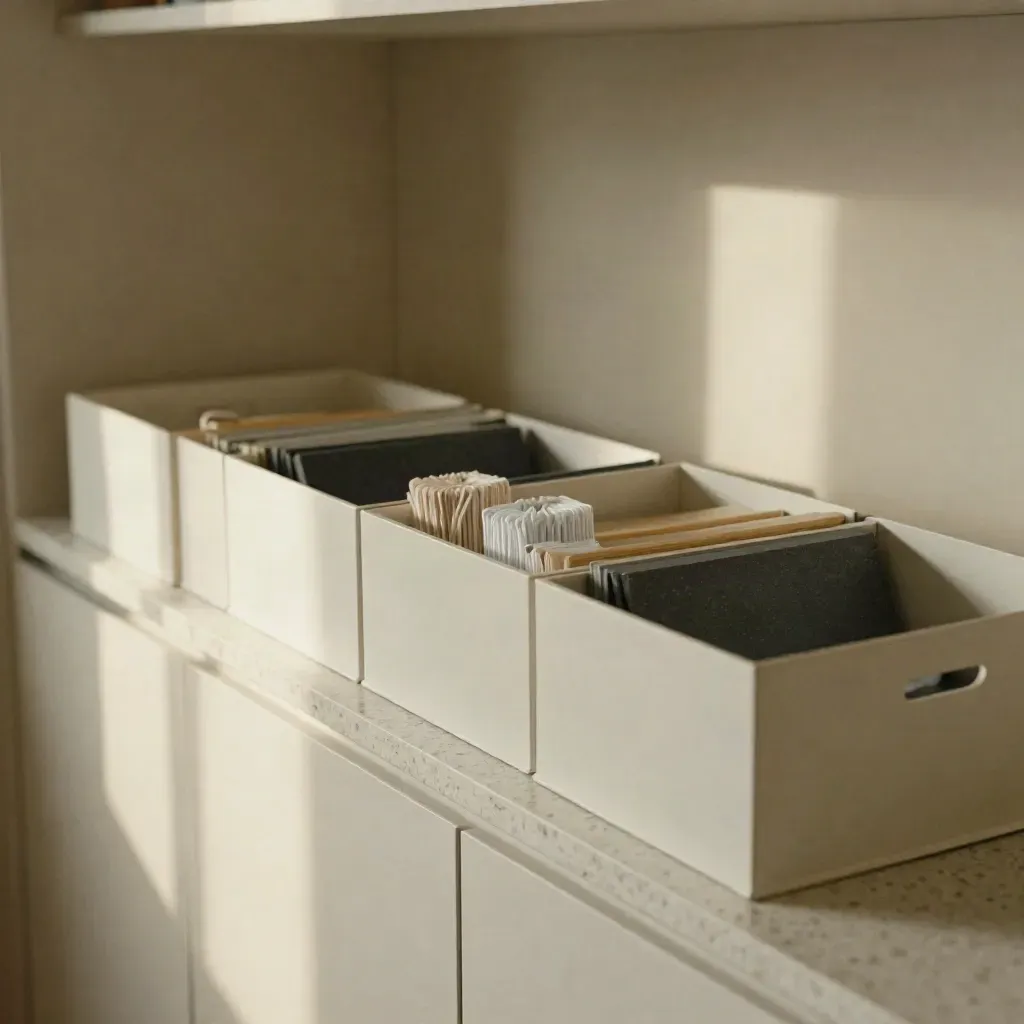 Archiefdozen en trays in een nette werkzone met travertin en zachte lichtval.