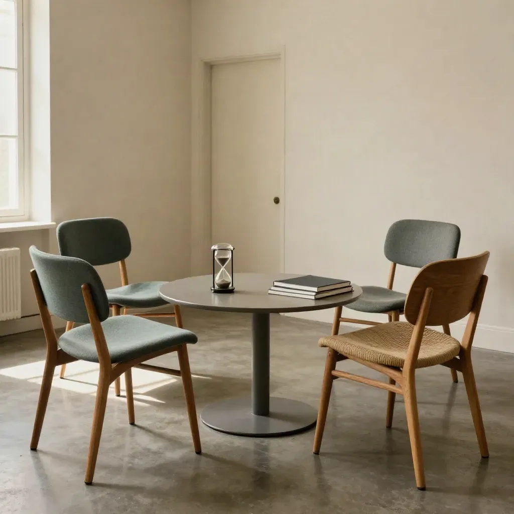 Stille coachingruimte met drie stoelen, zandtimer en drie stapelde notitieboeken, klaar voor sessie.