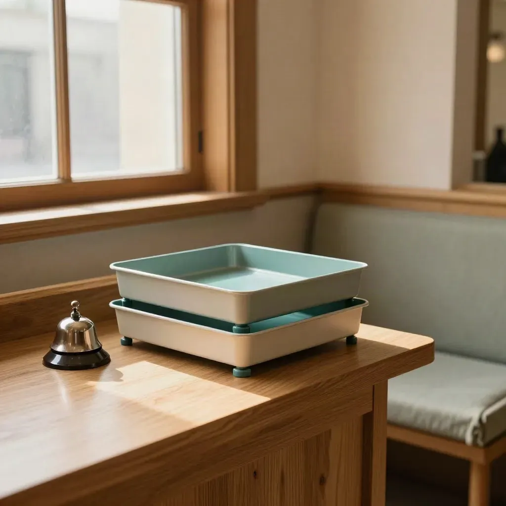 Rustige receptiehoek met intake-trays, een bel en een stille wachtbank in zacht ochtendlicht.