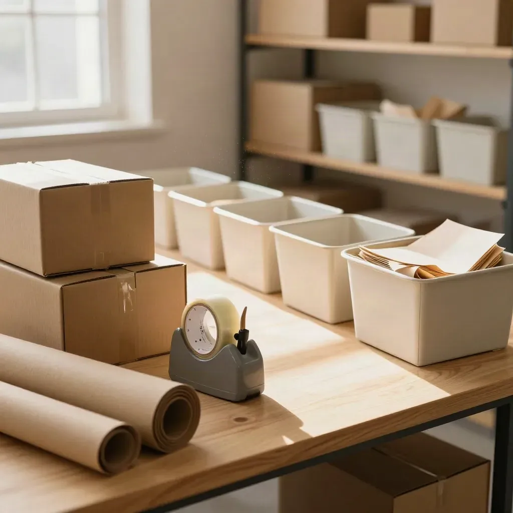 Webshop-inpakbench met dozen, kraftpapier en sorteervakken in warm daglicht