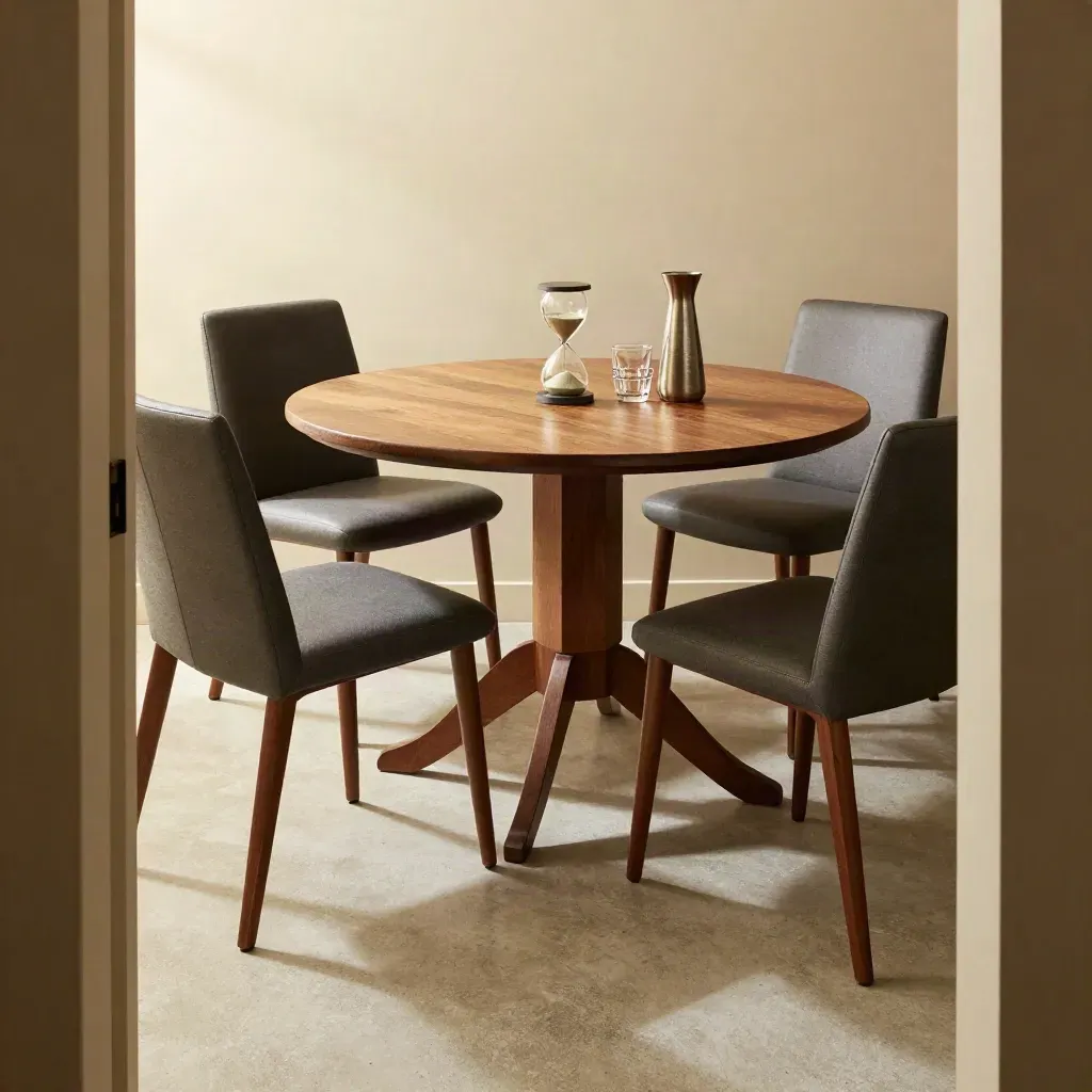 Compacte vergaderruimte met drie stoelen, zandloper en bijna lege ronde tafel in zacht licht.