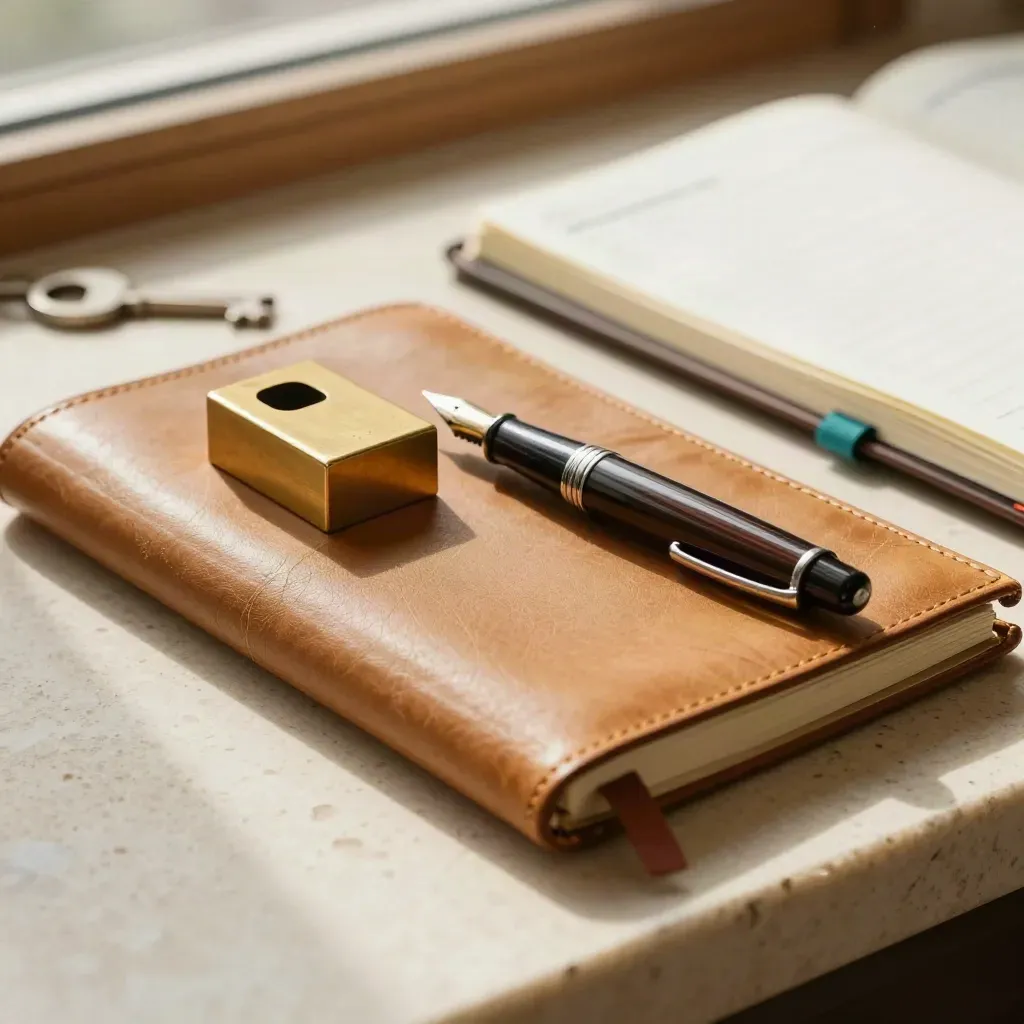 Leren notitieboek, messing paperweight, vulpen en planner op travertin in warm licht.