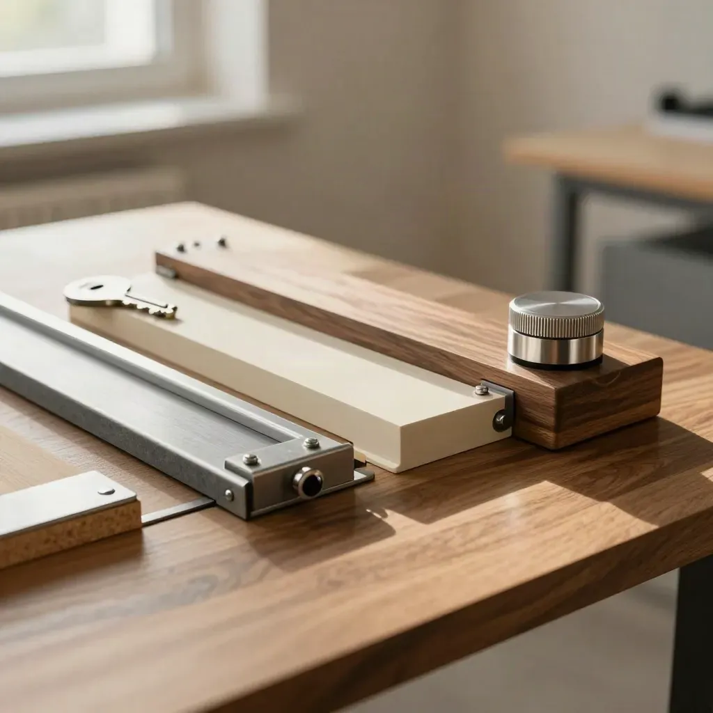 Workflowblokken, cliprails en een metalen timer op warm hout in dramatisch licht.