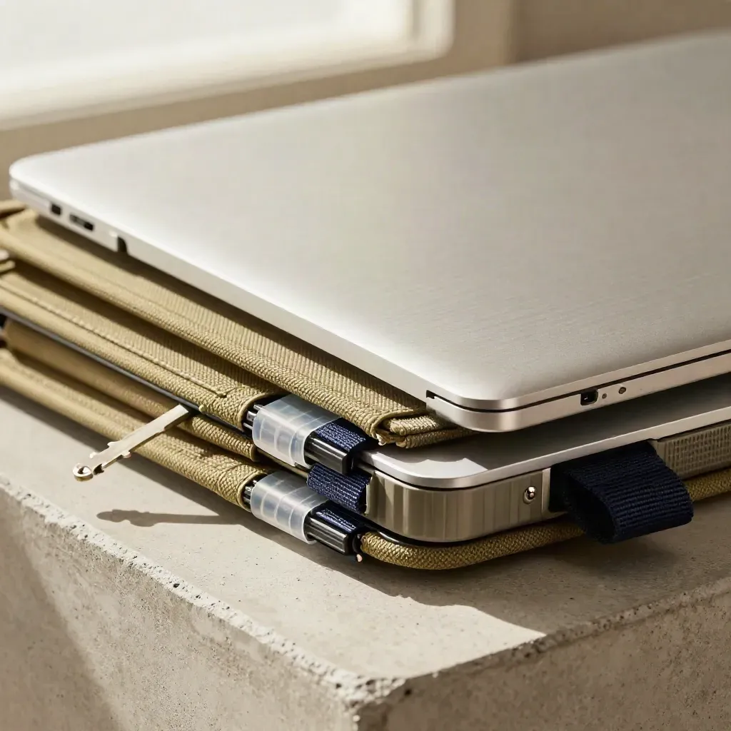 Close-up van laptop, tabbed sleeves, kabelbinders en gereedschapsbox op een betonnen werkblad.