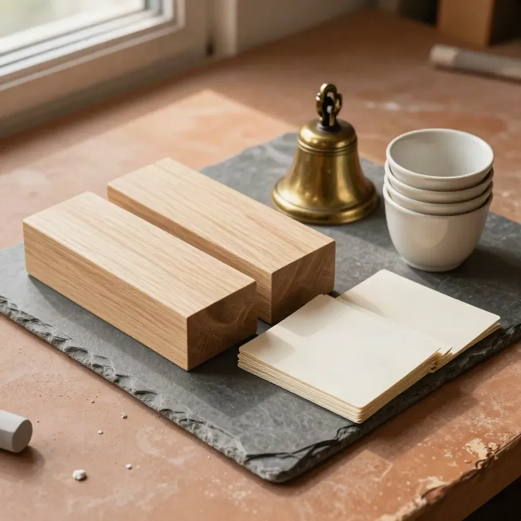 Bovenaanzicht van trainingsblokken, bel, bekers en cue cards op terracotta tafel.