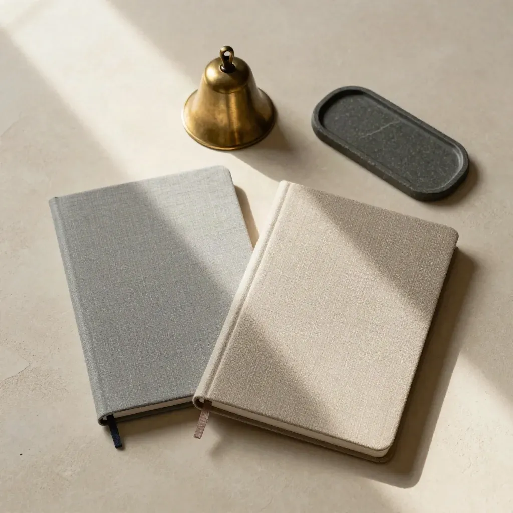 Bovenaanzicht van twee linnen notebooks, een messing bel en stenen onderzetter op een smalle tray.