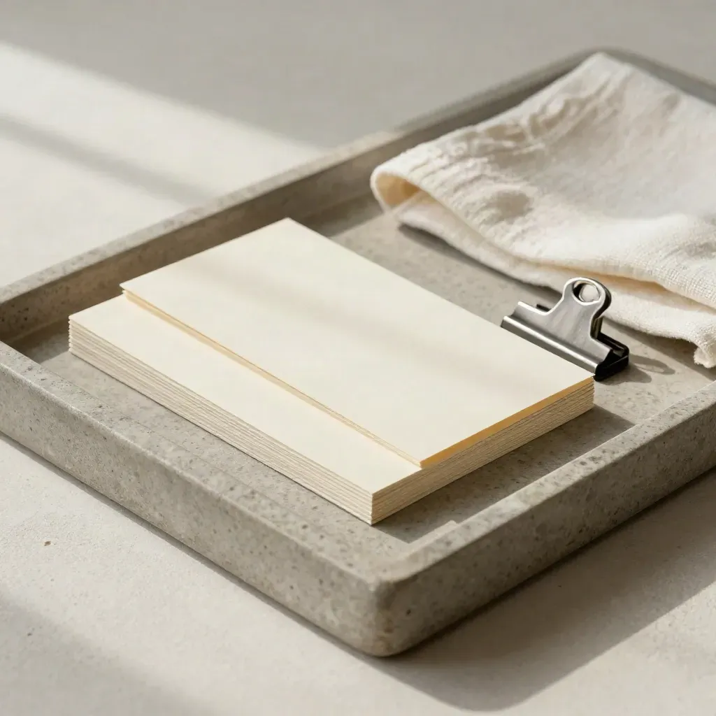 Drie workflow-tabs, een gevouwen kaartenstapel en een metalen clip op een stenen tray.