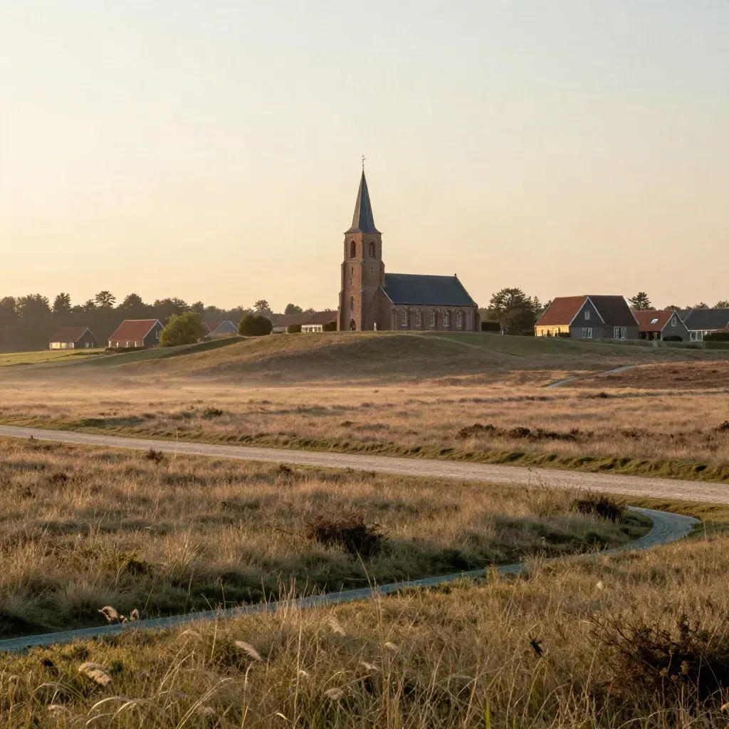 Brabantse heide met bakstenen kerktoren en boerderijen in warm avondlicht.
